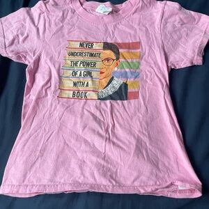 Port and Company Pink Kids' Graphic Tee with Book & Portrait Print